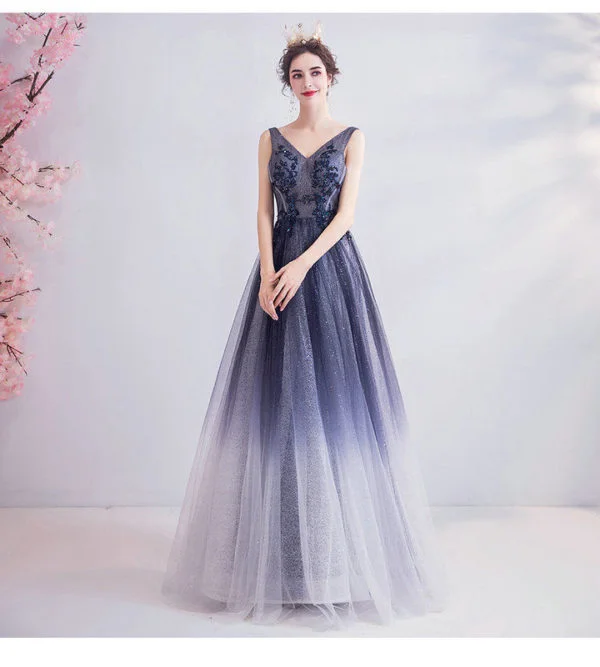 Dark Grey Prom Dress V Neck A Line Long Evening Dress - Image 4