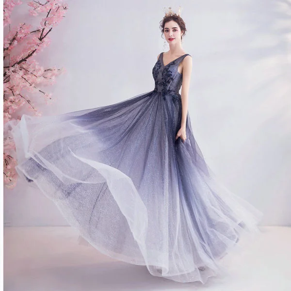 Dark Grey Prom Dress V Neck A Line Long Evening Dress - Image 6