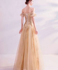 Alternative view of Gold Sparkle Prom Dress Off The Shoulder A Line Long Formal Dress