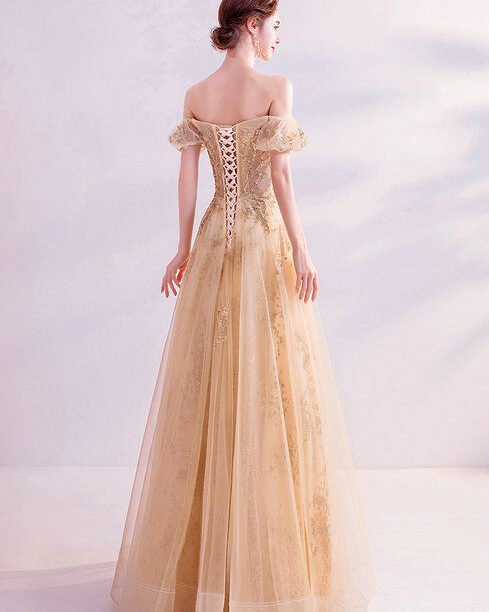 Alternative view of Gold Sparkle Prom Dress Off The Shoulder A Line Long Formal Dress