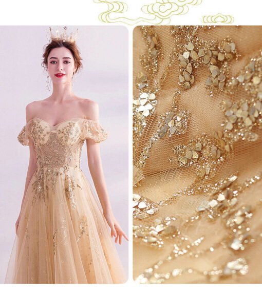 Gold Sparkle Prom Dress Off The Shoulder A Line Long Formal Dress - Image 6