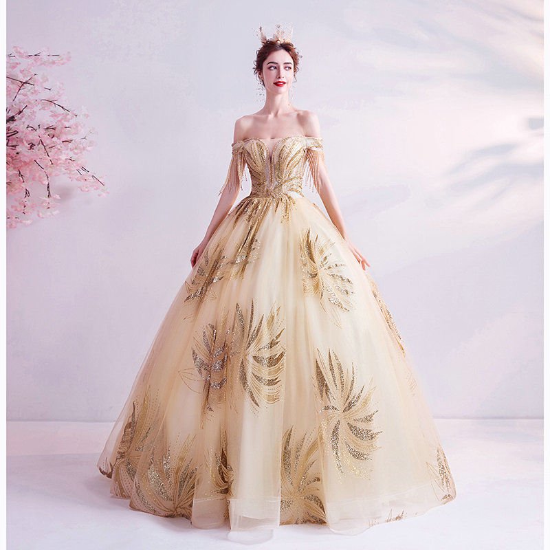 gold off the shoulder ball gown