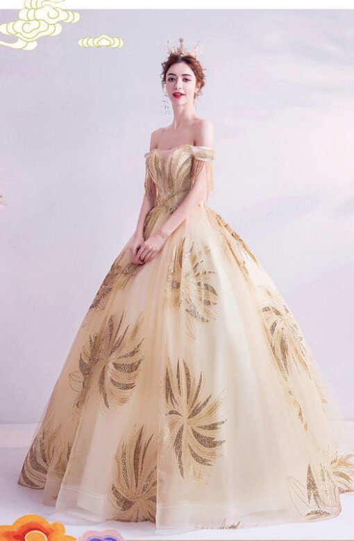 Gold Wedding Dress Off The Shoulder Ball Gown Prom Dress - Image 3