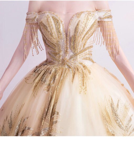 Gold Wedding Dress Off The Shoulder Ball Gown Prom Dress - Image 7