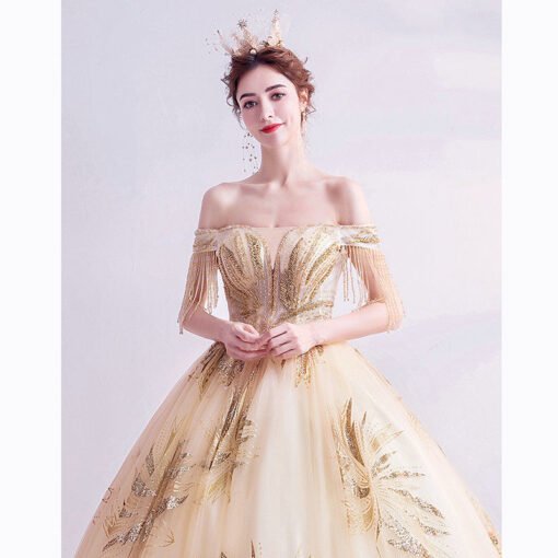 Gold Wedding Dress Off The Shoulder Ball Gown Prom Dress - Image 8