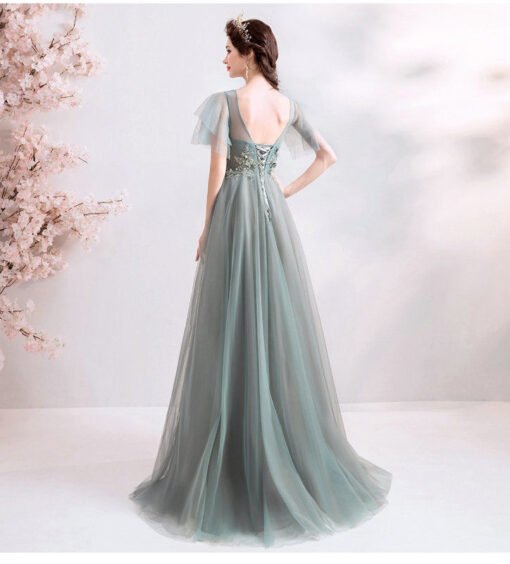 Grey Long Dress V Neck A Line Short Sleeve Prom Dress - Image 2