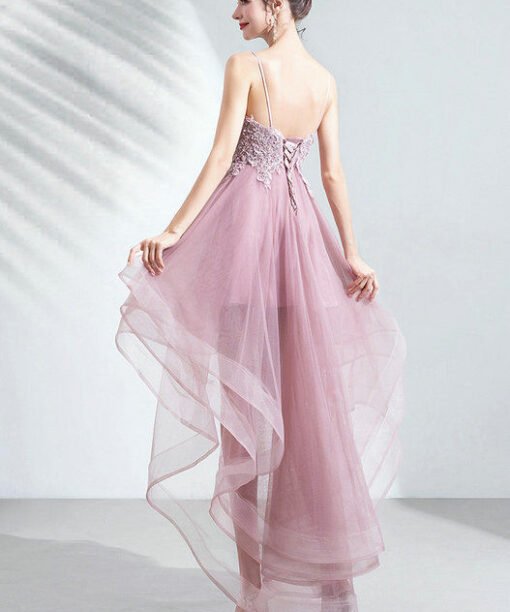 Alternative view of High Low Pink Prom Dress Strap V Neck A Line Cocktail Dress