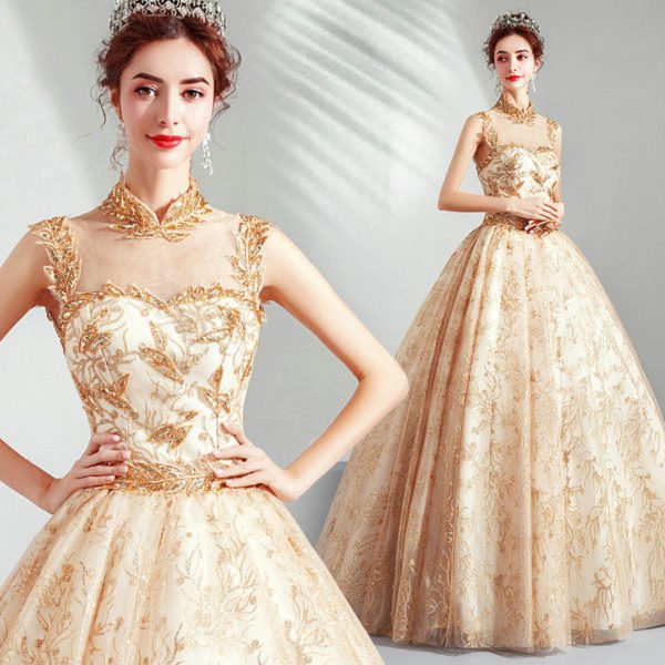High Neck Ball Gown Gold Wedding Dress Sleeveless Prom Dress - Image 9
