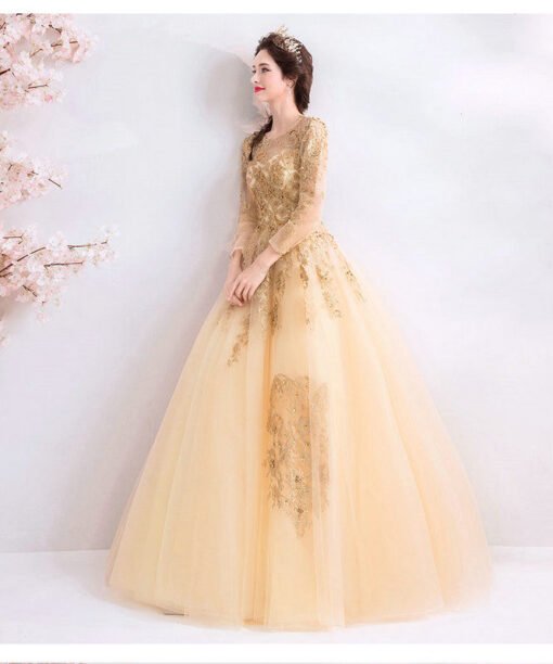 long sleeve gold wedding dress 1023-003
