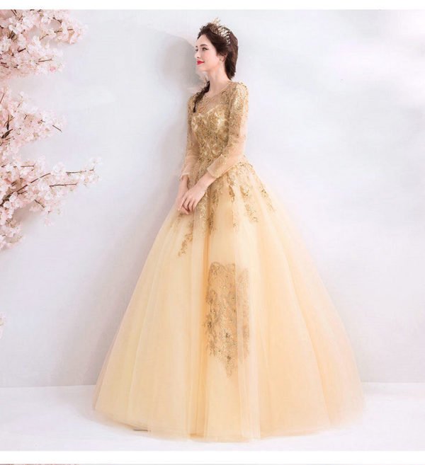 long sleeve gold wedding dress 1023-003