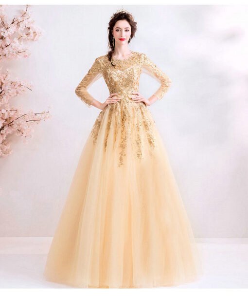 long sleeve gold wedding dress 1023-006