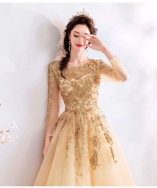 long sleeve gold wedding dress 1023-007