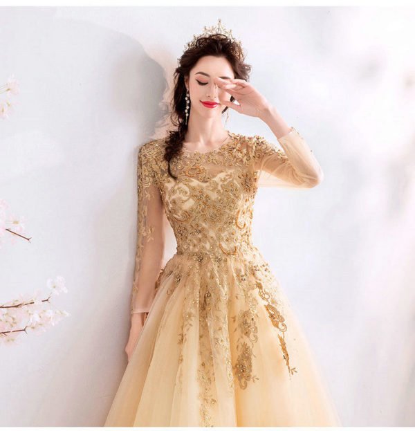 long sleeve gold wedding dress 1023-007