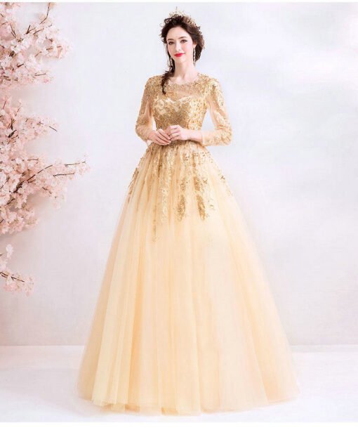 long sleeve gold wedding dress 1023-009
