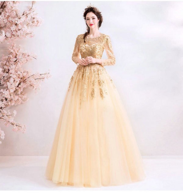 long sleeve gold wedding dress 1023-009