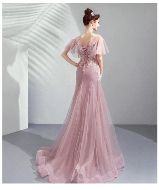 Alternative view of Pink Mermaid Prom Dress Round Collar Short Sleeves Formal Dress