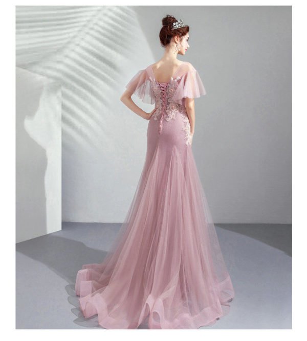 Pink Mermaid Prom Dress Round Collar Short Sleeves Formal Dress - Image 2