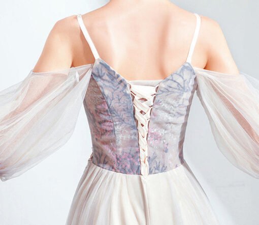 Puff Sleeve Prom Dress A Line Long Grey Evening Dress - Image 8