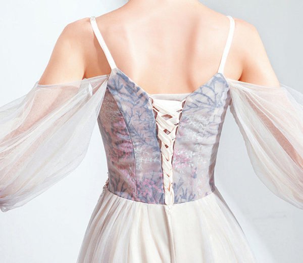 Puff Sleeve Prom Dress A Line Long Grey Evening Dress - Image 8