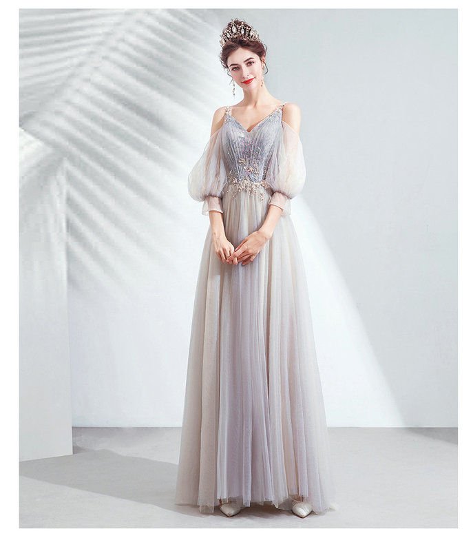 long gown with puff sleeves