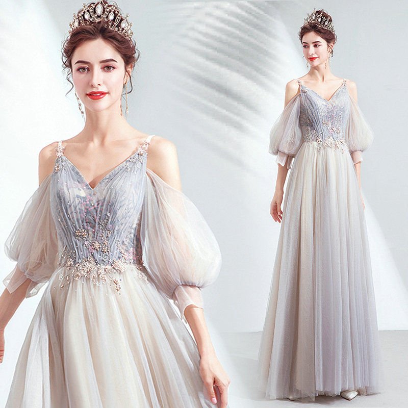 Puff Sleeve Prom Dress A Line Long Grey Evening Dress