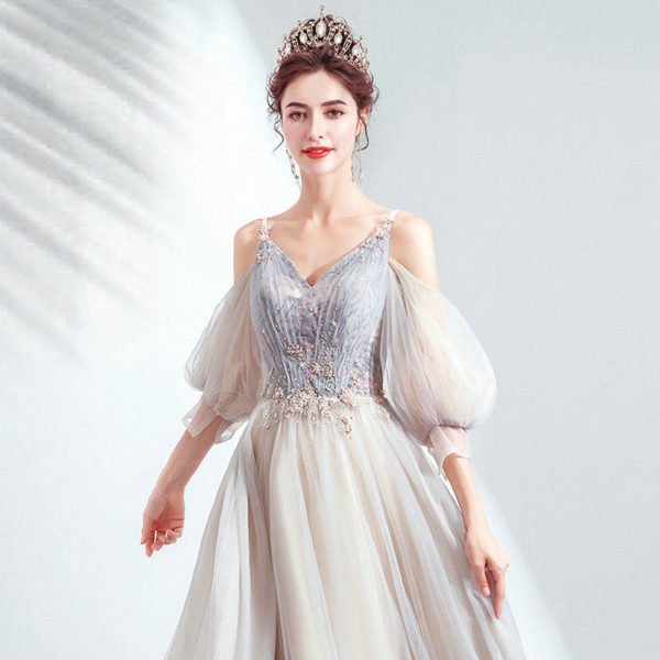 Puff Sleeve Prom Dress A Line Long Grey Evening Dress - Image 6
