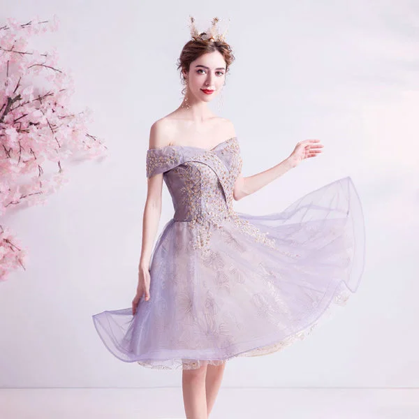 Purple Short Prom Dress Off The Shoulder A Line Cocktail Dress - Image 6