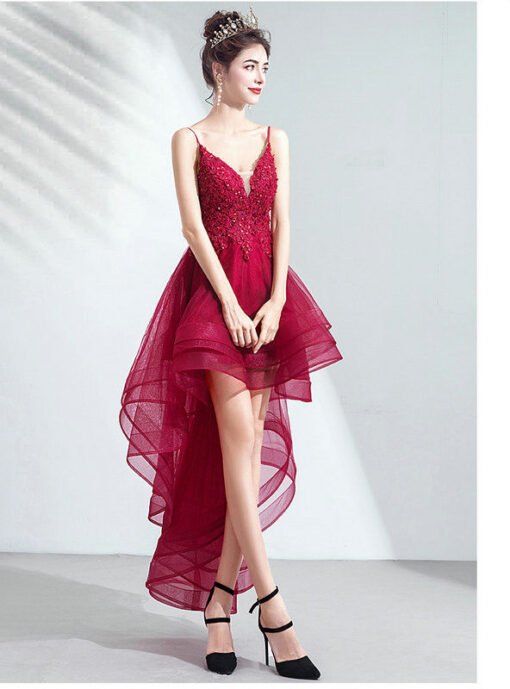 Red High Low Dress Spaghetti Strap A Line Prom Dress - Image 3