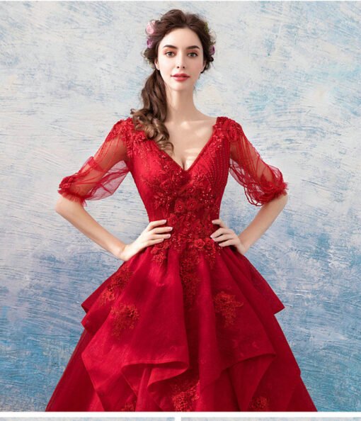 Red Long Sleeve Ball Gown V Neck Floor Length Wedding Dress - Image 5
