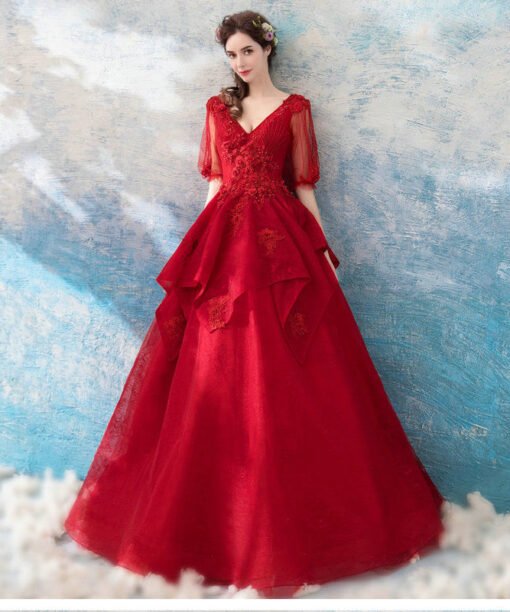 red long sleeve ball gown 1024-008