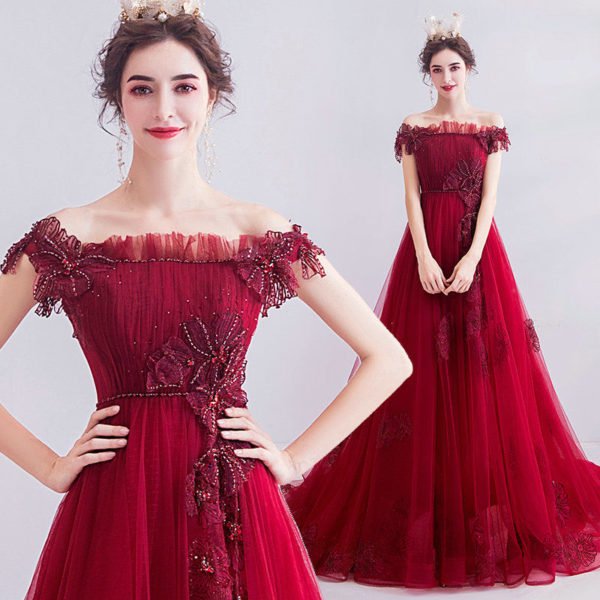 Red Off The Shoulder Dress A Line Long Prom Dress With Train - Image 6