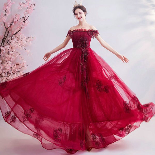 Red Off The Shoulder Dress A Line Long Prom Dress With Train - Image 7