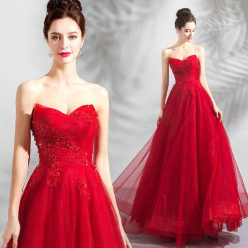 Strapless Red Ball Gown Long Sleeveless Evening Dress - Image 7