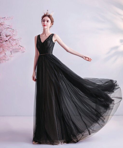 v neck black prom dress 1045-001