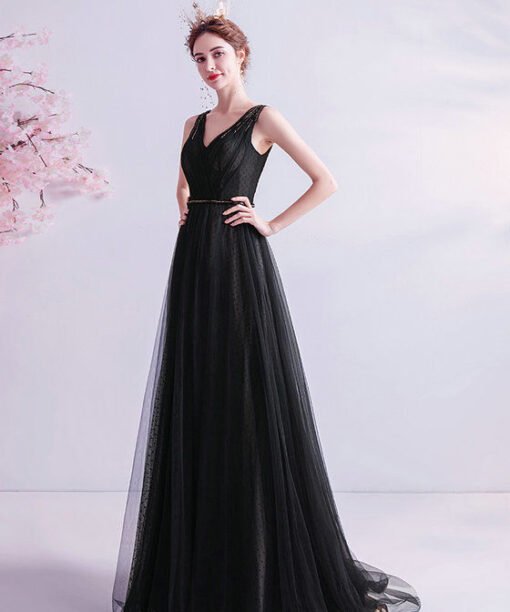 v neck black prom dress 1045-003