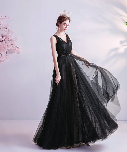 v neck black prom dress 1045-004