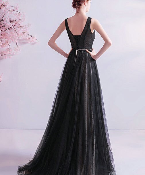 v neck black prom dress 1045-005