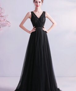 v neck black prom dress 1045-007