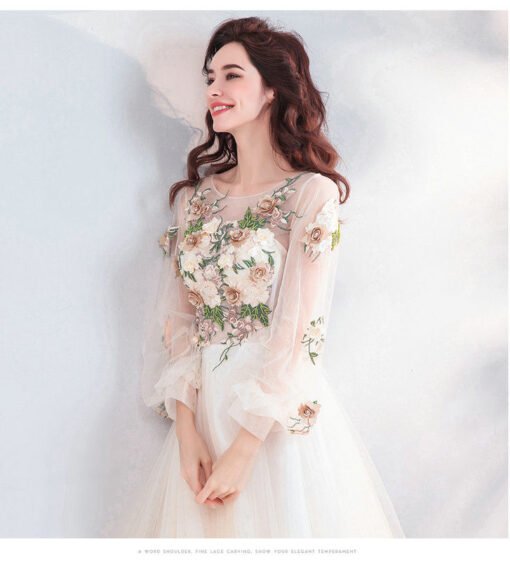 Wedding Dress With Flowers A Line Long Sleeves Prom Dress - Image 5