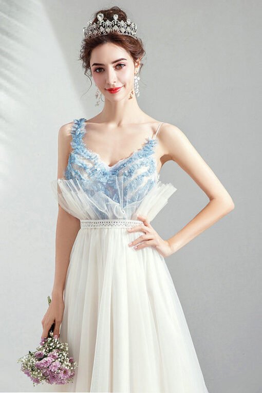 White And Blue Evening Dress V Neck A Line Long Prom Dress - Image 7