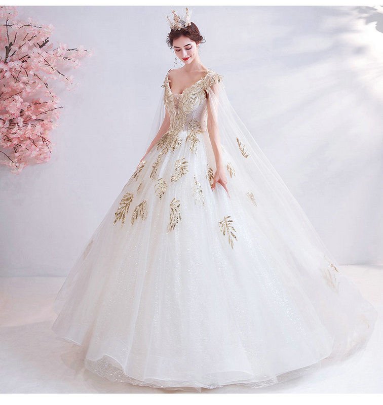 White And Gold Wedding Dress With Cape Ball Gown Bridal Dress