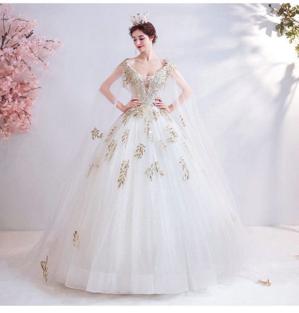 White And Gold Wedding Dress With Cape Ball Gown Bridal Dress - Image 3