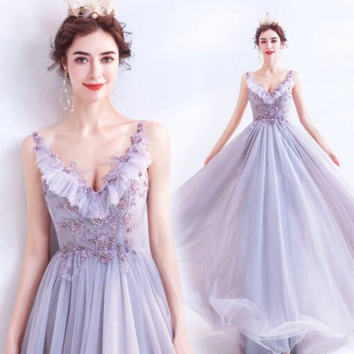 Lavender Prom Dress V Neck A Line Beaded Evening Dress - Image 6
