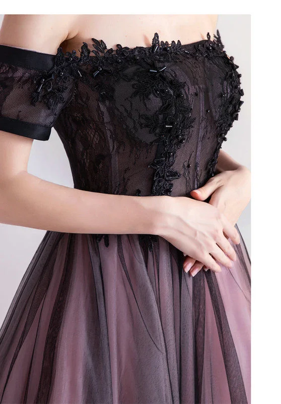 Black Off Shoulder Long Party Dress Prom Dress, Unique Black Evening Party Dresses