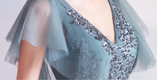 Blue Long Prom Dress V Neck Evening Dress With Train - Image 9