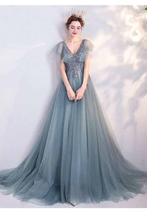 Blue Long Prom Dress V Neck Evening Dress With Train - Image 5