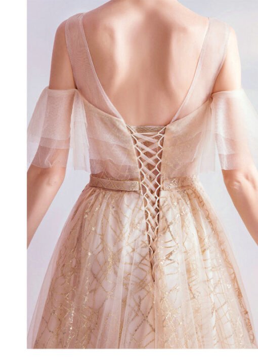 Gold Long Prom Dress Off Shoulder A Line Evening Dress - Image 6