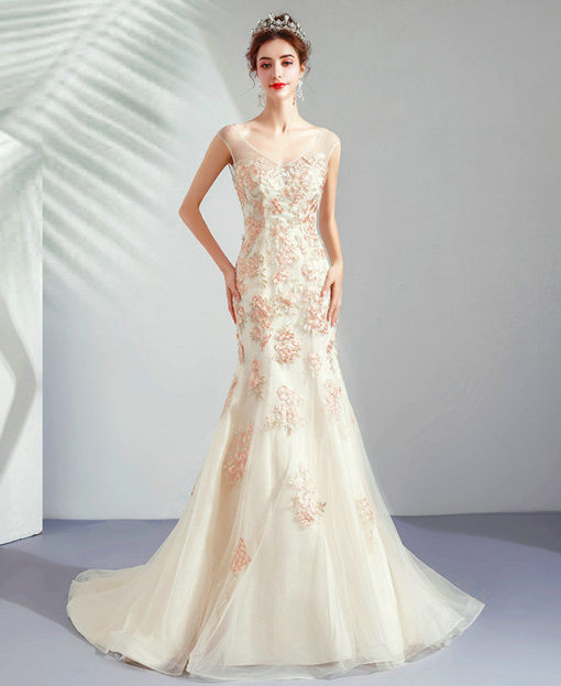 Empire V Neck Mermaid Wedding Dress with Beadings