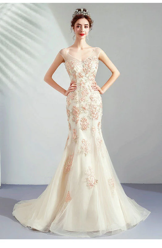 Mermaid V Neck Wedding Dress Champagne Lace Bridal Dress - Image 6