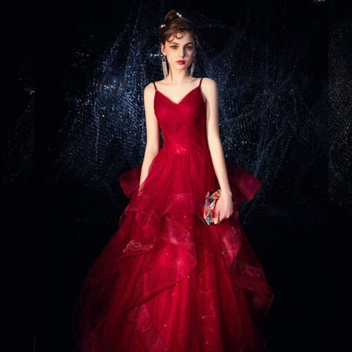 Red Princess Prom Dress Strap V Neck Long Party Dress - Image 4